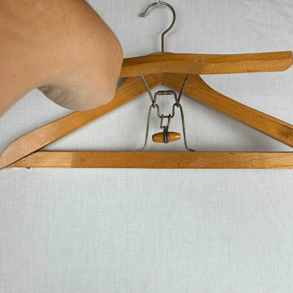 Vintage Wooden Suit Hanger with Spring Tension Trouser Bar Honey Brown Wood